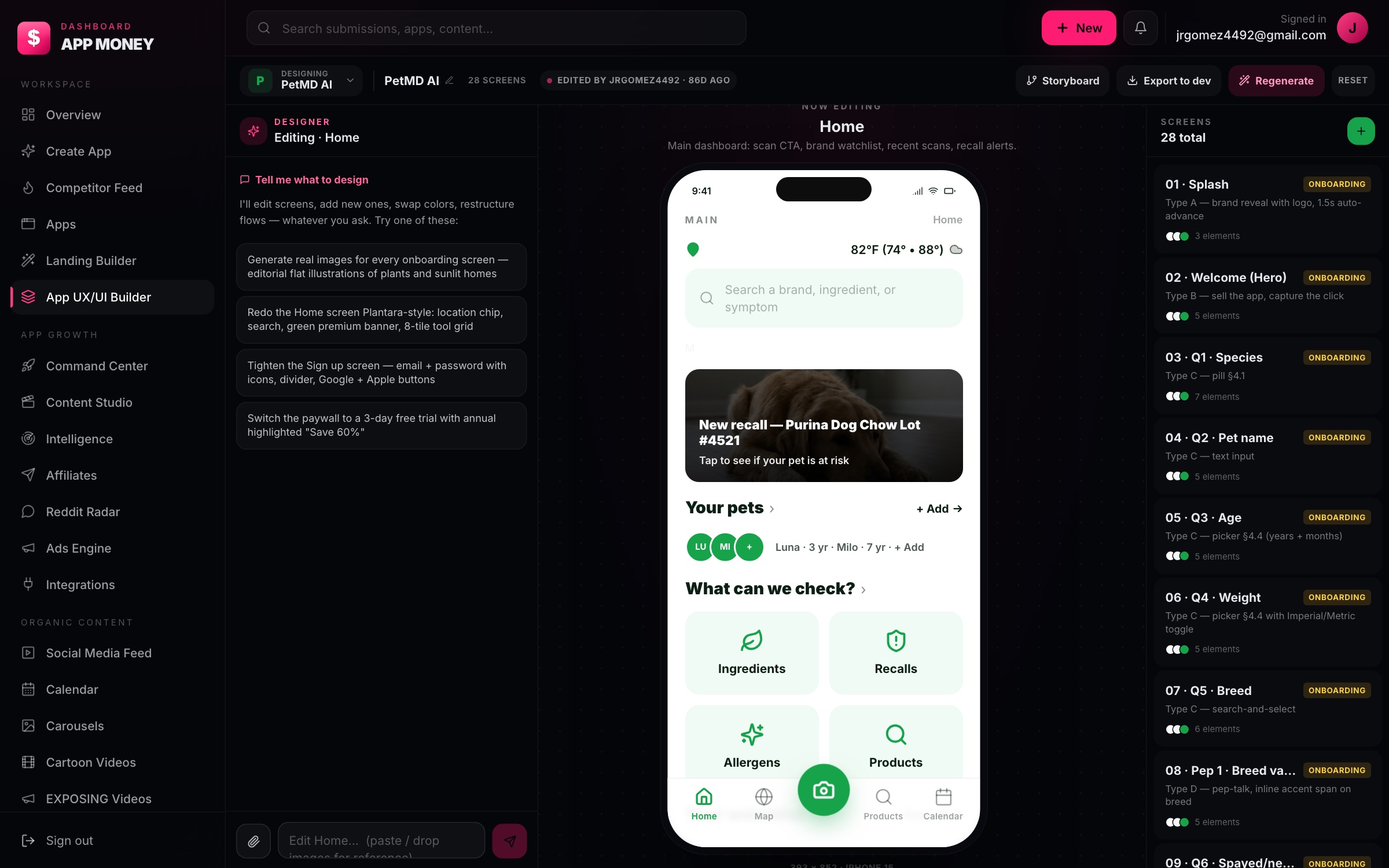App UX/UI Builder editing PetMD AI's Home screen with 28 screens listed