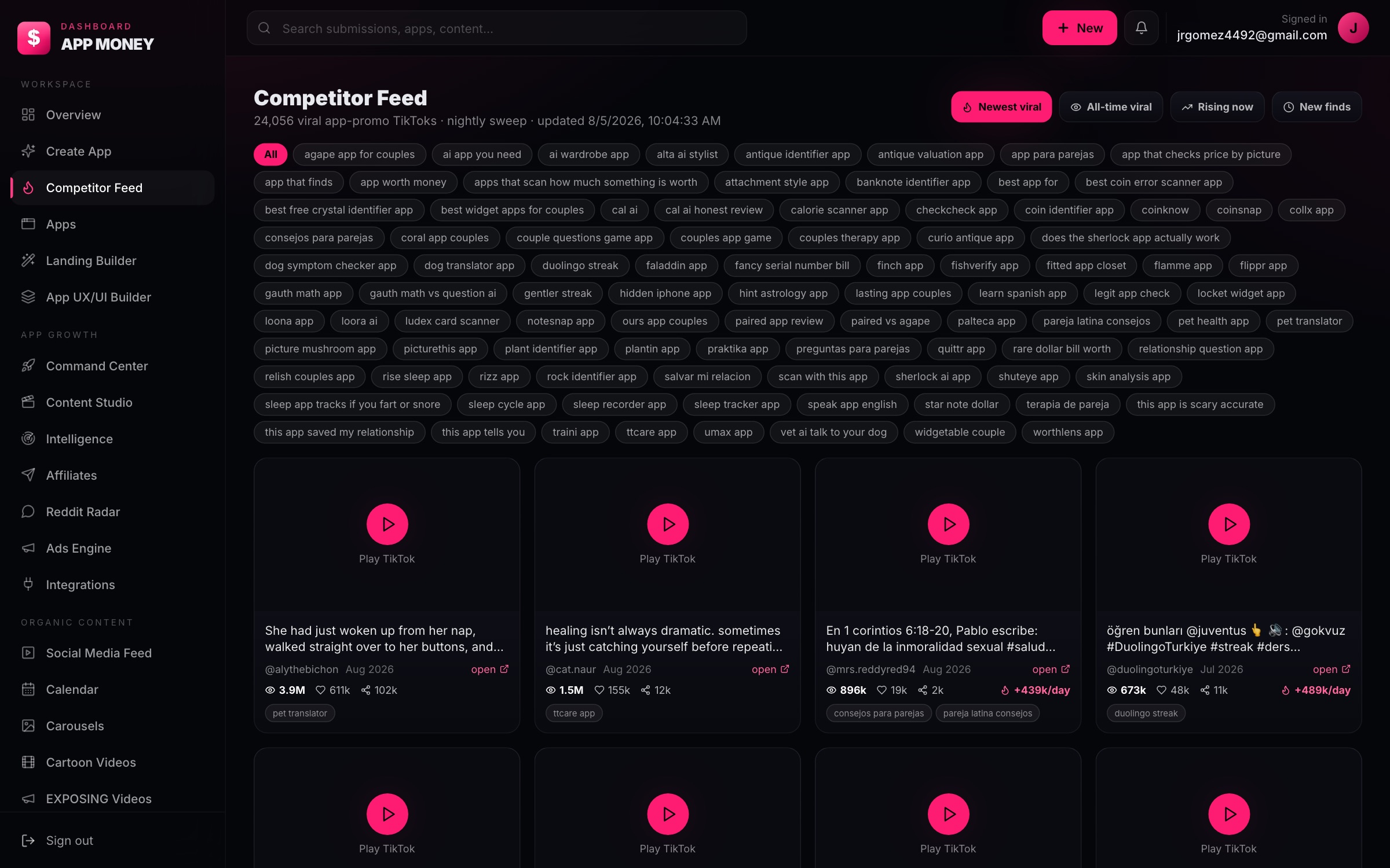 Competitor Feed — 24,056 viral app-promo TikToks swept nightly, filterable by niche