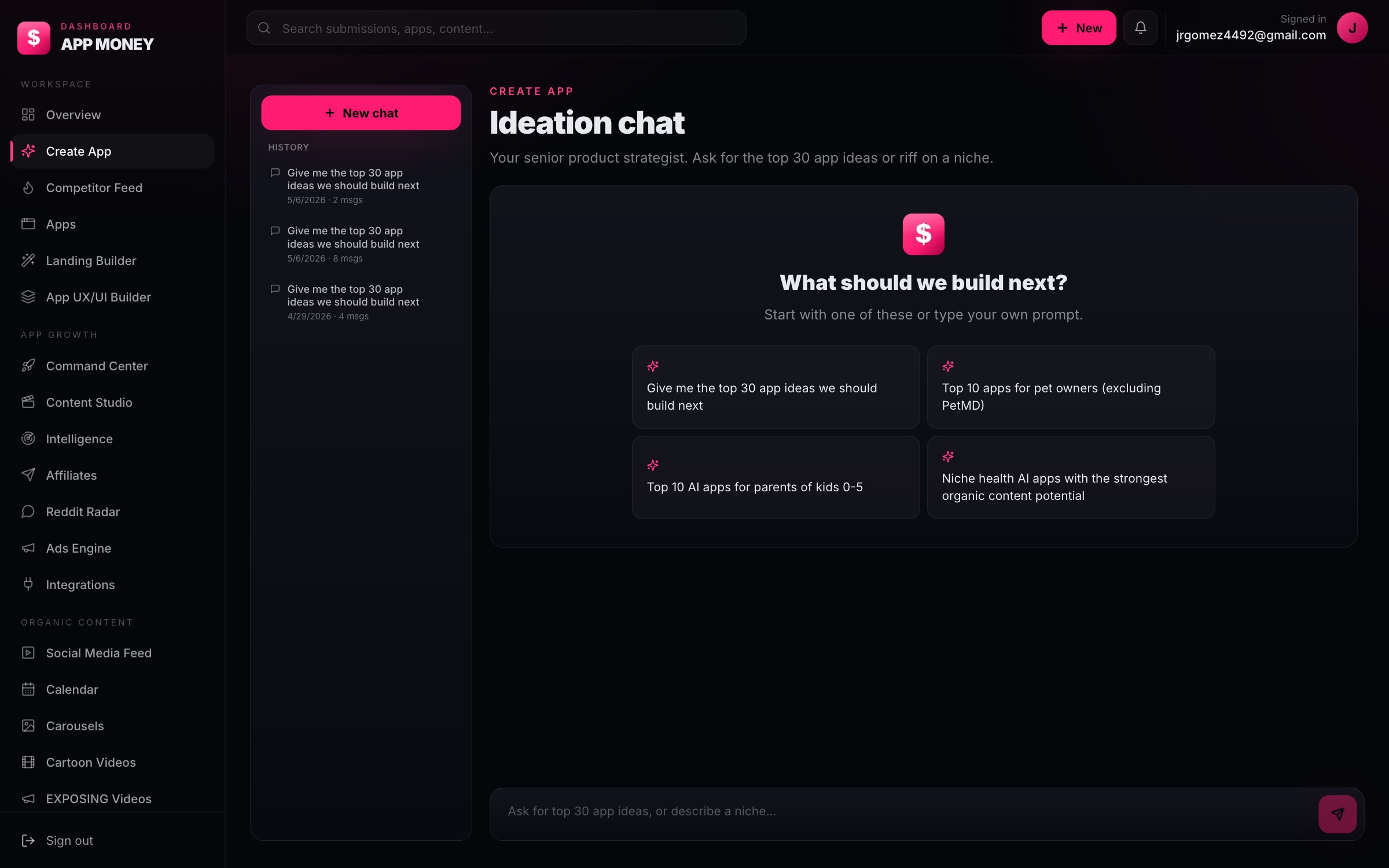 AppMoney Ideation chat — ask for the top 30 app ideas we should build next