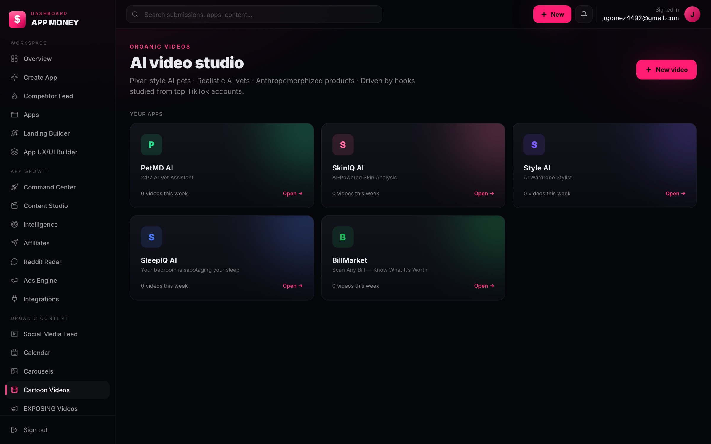 AI video studio — generate organic TikTok videos for every app in the portfolio